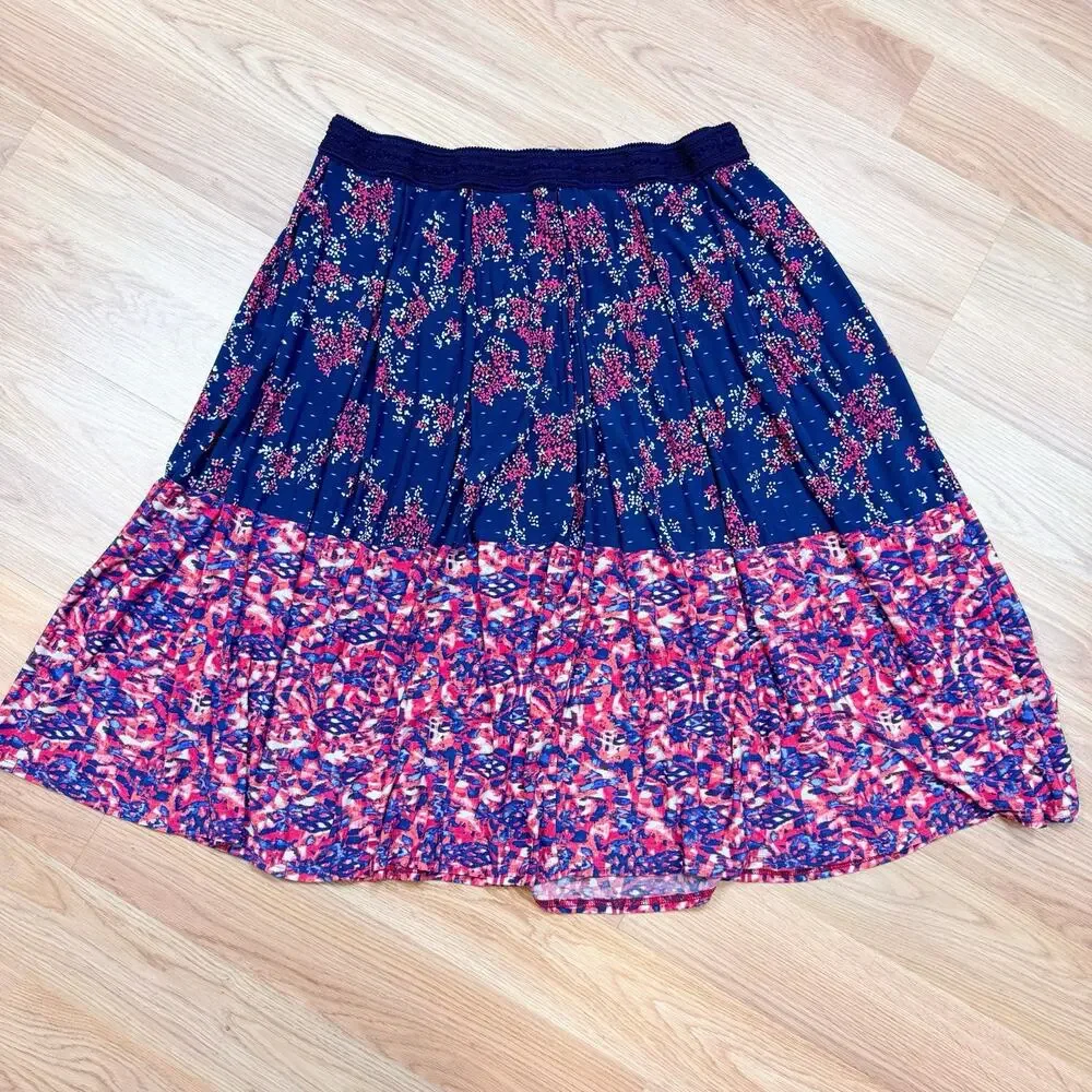 Women’s Skirt Large Stretchy Blue Pink Red Floral Abstract Boho Hippie Funky